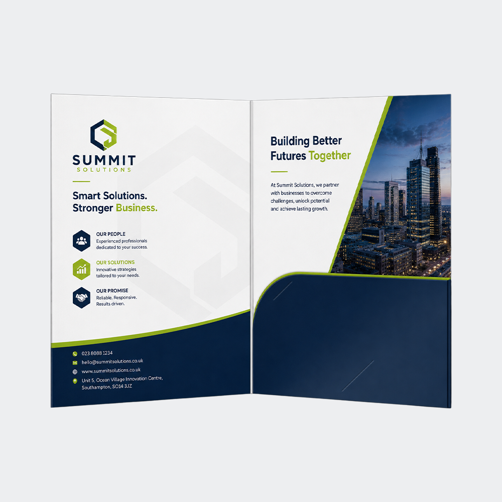 A4 Glued Presentation Folder, 3–5mm Capacity, 1 Pocket, Business Card Slots – CG00010 1 A4 glued presentation folder with 1 pocket and business card slots, 3–5mm capacity (CG00010)